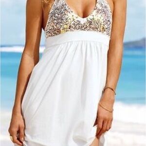 Victoria's Secret white halter sundress with gold sequin detail bra top Sz M
